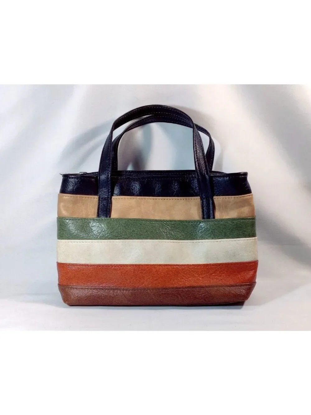 Vtg 70s Purse Tote Bag Faux Leather Color Block Striped Fall Colors Top Handles